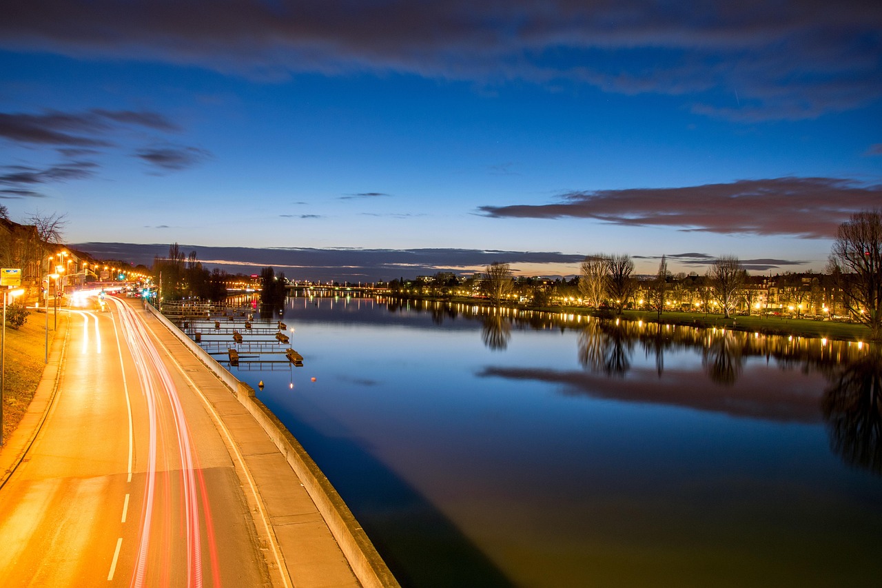 heidelberg, night, reflexion, neckar, longexposure